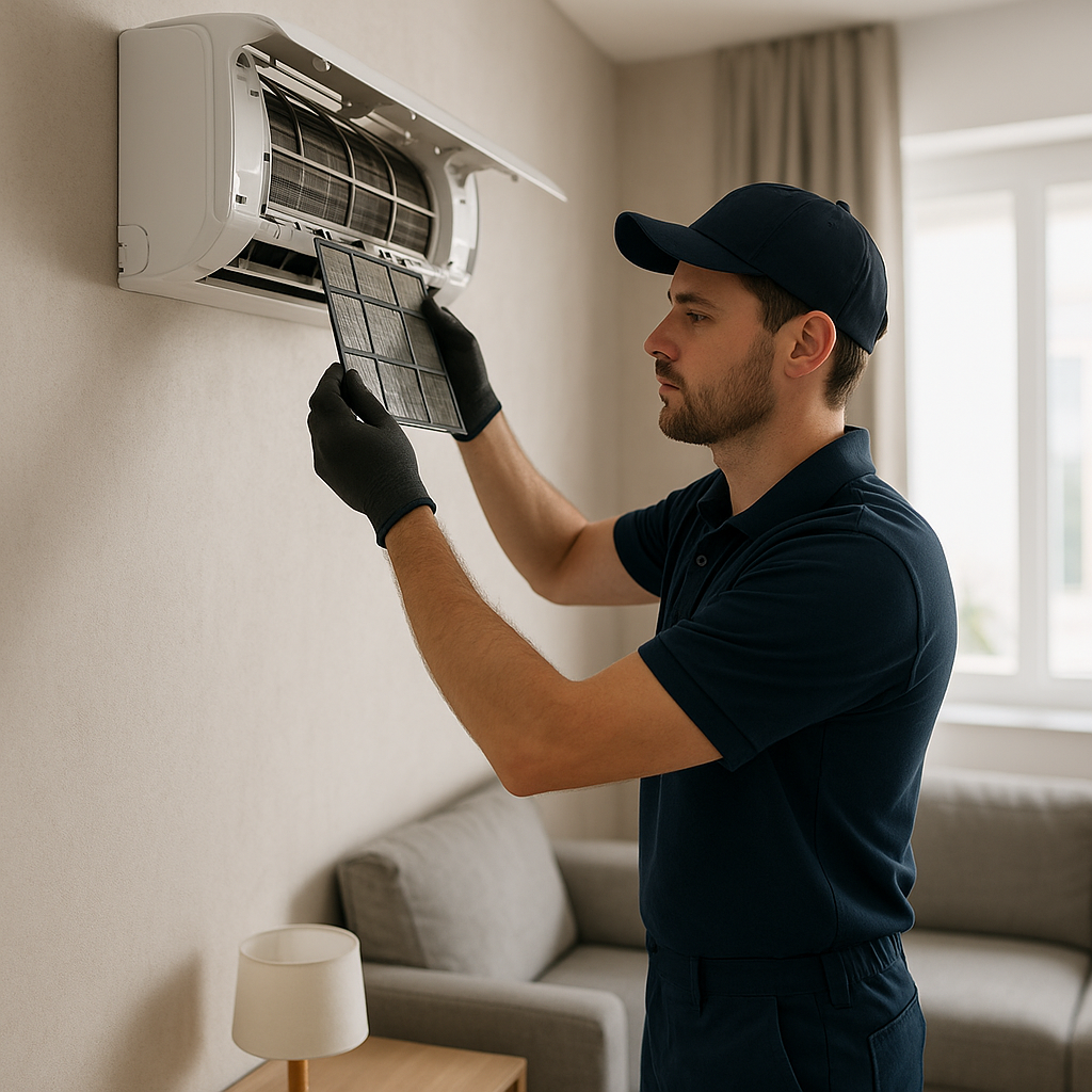 Technicien Coach Rénov nettoyant une climatisation murale